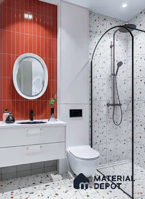 Modern bathroom with red fluted wall tiles and terrazzo wall and floor tiles in 3 BHK apartment Apoorva Meadows Yelahanka Bengaluru