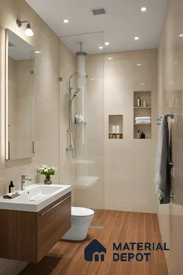 Modern bathroom with beige wall tiles and wood-look floor tiles in 3 BHK apartment Apoorva Meadows Yelahanka Bengaluru