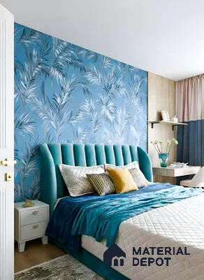 Modern bedroom with blue tropical wallpaper and teal suede upholstered bed in 3 BHK apartment Apoorva Meadows Yelahanka Bengaluru
