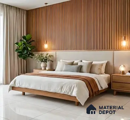 Scandinavian bedroom with vertical wood slat wall panels and glossy white floor tiles in 3 BHK apartment Apoorva Meadows Yelahanka Bengaluru