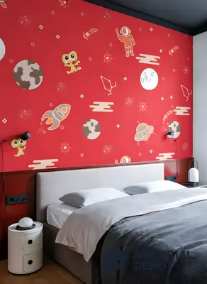 Eclectic kids room with red space-themed wallpaper and upholstered bed in 3 BHK apartment Apoorva Meadows Yelahanka Bengaluru
