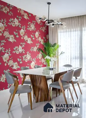 Modern dining room with floral wallpaper, marble tabletop, and wooden base dining table in 3 BHK apartment Apoorva Meadows Yelahanka Bengaluru