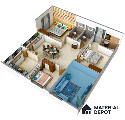 Modern living room with blue accent wall, patterned area rug, and beige tile flooring in 3 BHK apartment Apoorva Meadows Yelahanka Bengaluru