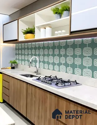 Modern kitchen with wood grain laminate, white quartz countertop, and geometric teal patterned backsplash tile in 3 BHK apartment Apoorva Meadows Yelahanka Bengaluru