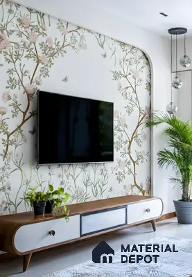 Mid-century modern living room with floral wallpaper and walnut wood TV unit in 3 BHK apartment Apoorva Meadows Yelahanka Bengaluru