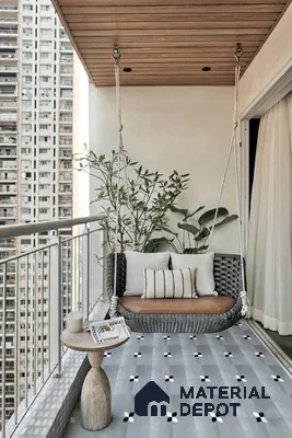 Scandinavian balcony with patterned grey floor tiles and wooden ceiling panels