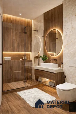 Modern bathroom with walnut wood-look tiles and beige marble wall tiles