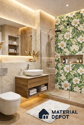 Modern bathroom with beige marble-look tiles and floral tropical highlighter wall tiles