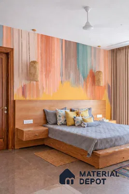 Eclectic bedroom with abstract multicolor wallpaper, natural wood bed, and glossy brown floor tile