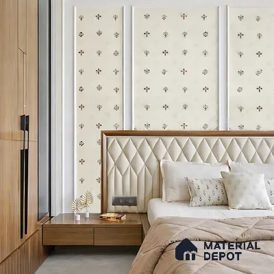 Modern bedroom with diamond-stitched suede headboard, walnut wood laminate wardrobe, and patterned wallpaper panels