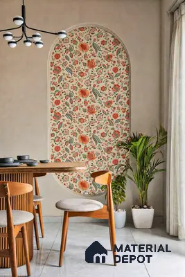 Mid-century modern dining room with floral patterned wallpaper and oak wood dining set