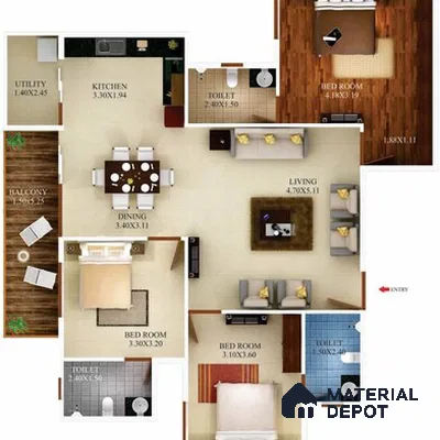 Modern apartment floor plan with beige floor tiles, wooden flooring in bedrooms, and tiled bathrooms