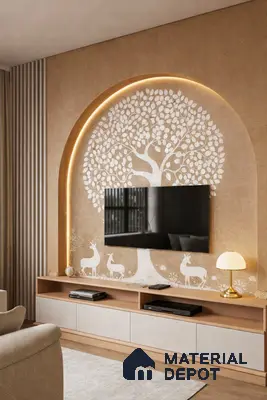 Modern TV unit with beige textured wallpaper, white laminate, and wooden finish