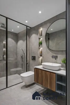 Modern bathroom with grey marble-look tiles and walnut wood vanity