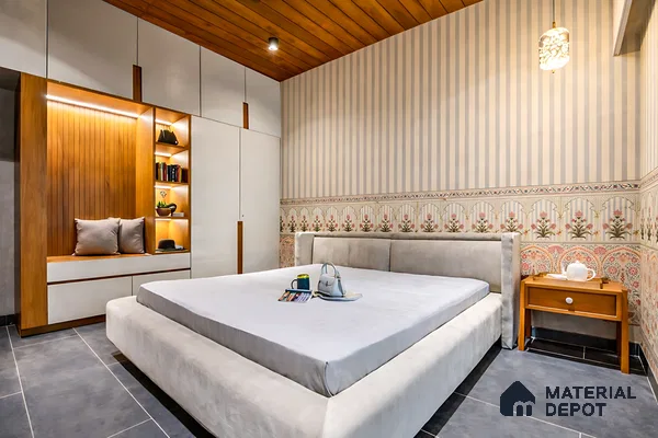 Modern bedroom with striped floral wallpaper, suede upholstered bed, and white-wood wardrobe