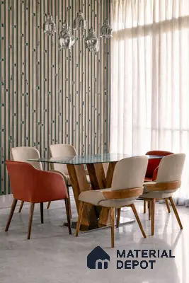 Modern dining room with vertical wood and teal fluted wall panels, glass top table, and grey marble floor tile