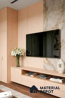 Modern TV unit with peach laminate, marble-look laminate accent wall, and walnut brown wooden flooring