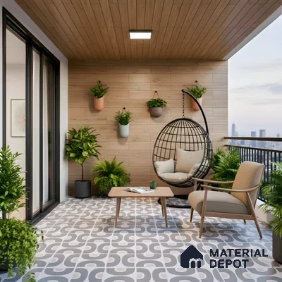 Scandinavian balcony with wood-look wall panels and geometric patterned floor tiles of 3 BHK apartment in Arvind Oasis Nagasandra Bengaluru