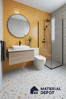 Modern bathroom with yellow subway wall tiles and terrazzo floor and wall tiles of 3 BHK apartment in Arvind Oasis Nagasandra Bengaluru