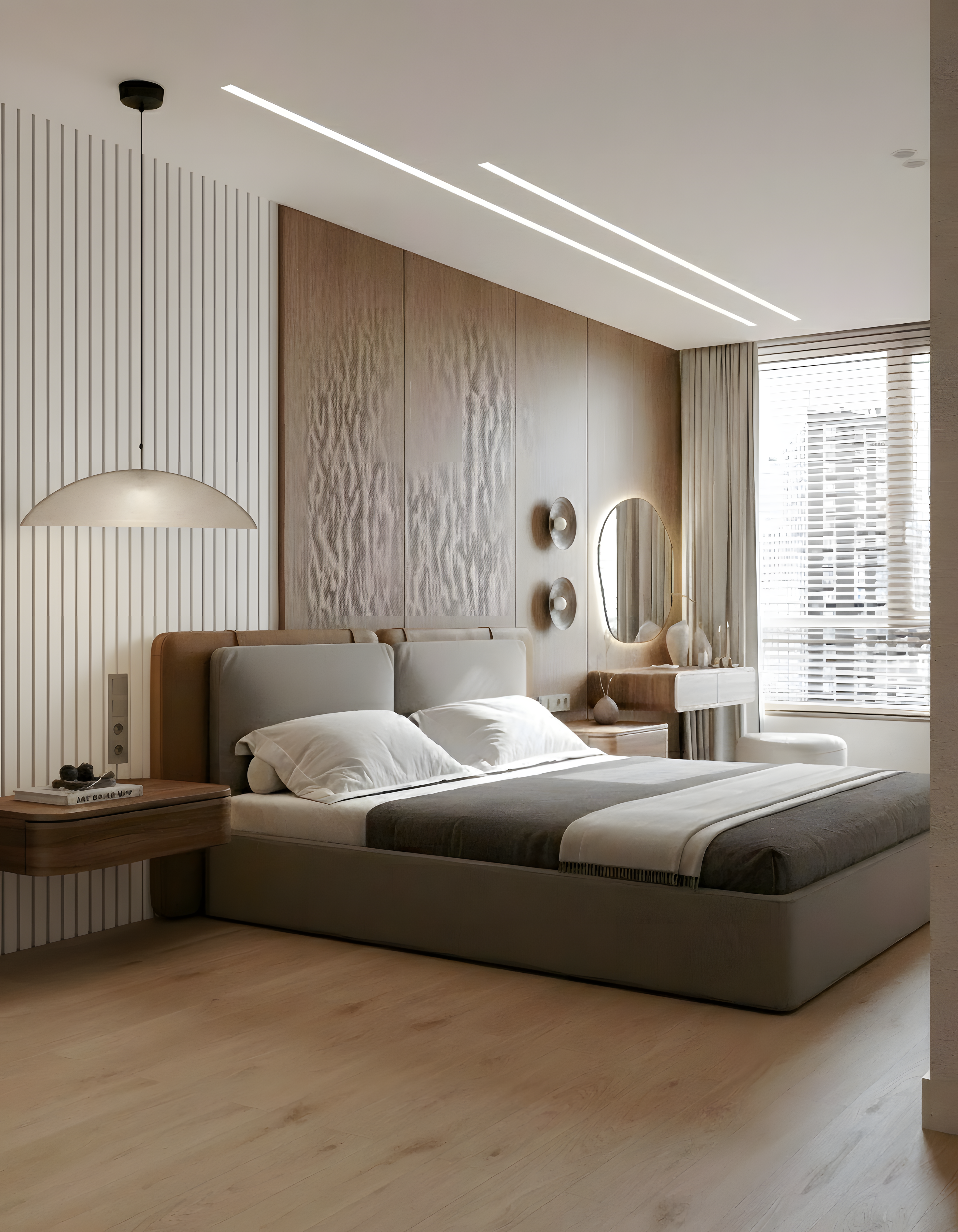 Minimalist bedroom with light oak wooden flooring and walnut wood panel accent wall of 3 BHK apartment in Arvind Oasis Nagasandra Bengaluru