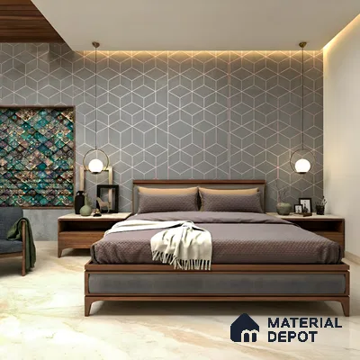 Modern bedroom with geometric wallpaper, walnut wood bed, and marble floor tile of 3 BHK apartment in Arvind Oasis Nagasandra Bengaluru