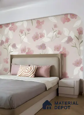 Modern bedroom with pastel pink floral wallpaper and taupe upholstered bed of 3 BHK apartment in Arvind Oasis Nagasandra Bengaluru