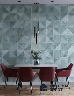 Modern dining room with geometric green wall tiles and herringbone wood flooring of 3 BHK apartment in Arvind Oasis Nagasandra Bengaluru