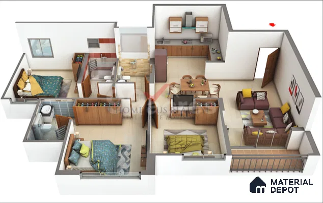 Modern 3BHK apartment layout with wood laminate kitchen, neutral tile flooring, and contemporary living room of 3 BHK apartment in Arvind Oasis Nagasandra Bengaluru