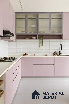 Modern pastel pink laminate kitchen with white quartz countertop and white subway backsplash tiles of 3 BHK apartment in Arvind Oasis Nagasandra Bengaluru