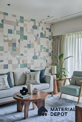 Scandinavian living room with geometric pastel accent wall tiles and natural wood furniture of 3 BHK apartment in Arvind Oasis Nagasandra Bengaluru