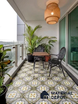 Eclectic balcony with patterned moroccan floor tiles and rattan pendant light