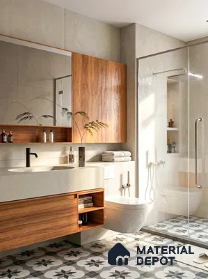 Modern bathroom with wood laminate vanity and geometric patterned floor tiles