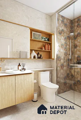 Modern bathroom with beige marble-look tiles, light oak wood vanity, and patterned hexagonal shower wall tiles