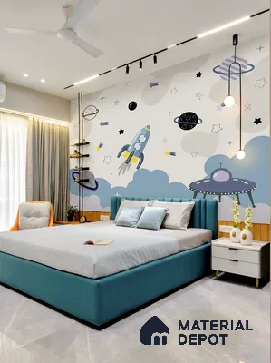 Modern kids room with space-themed wallpaper, teal upholstered bed, and grey marble floor tiles