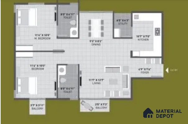 Modern 2BHK apartment floor plan with tiled flooring and functional layout