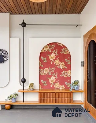 Eclectic foyer with floral wallpaper, wooden ceiling, and fluted wood laminate console