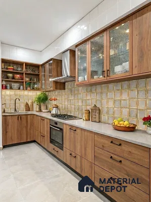 Modern kitchen with walnut wood laminate cabinets, beige quartz countertop, and square patterned backsplash tiles