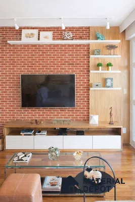 Modern living room with red brick wall tile, oak wood laminate TV unit, and white ribbed laminate drawers