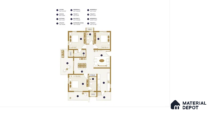 Modern apartment floor plan with wood accents and neutral palette