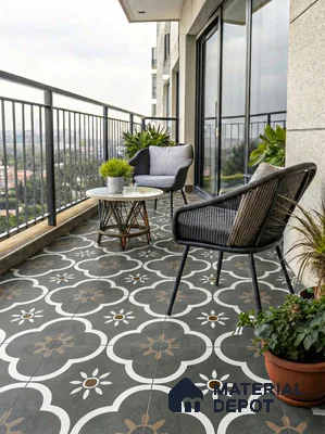 Modern balcony with black and white moroccan patterned floor tiles and outdoor seating