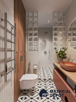 Modern bathroom with geometric patterned floor tiles, wood laminate wall, and terracotta vanity