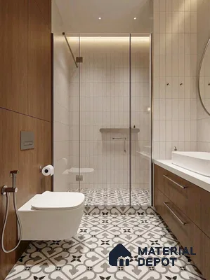 Modern bathroom with wood laminate vanity, vertical white wall tiles, and patterned grey and white floor tiles