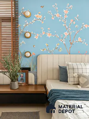 Japandi bedroom with chinoiserie floral wallpaper, beige upholstered headboard, and wooden blinds