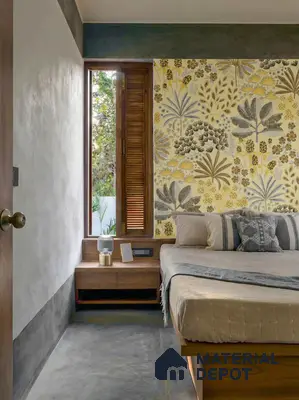 Scandinavian bedroom with floral wallpaper, natural wood bed, and concrete floor