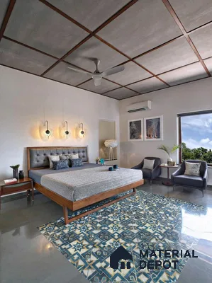 Mid-century modern bedroom with wooden bed, grey upholstered headboard, and blue geometric patterned floor tiles