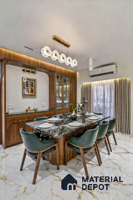 Modern dining room with black marble dining table, walnut wood cabinetry, and white marble floor tiles with gold veins