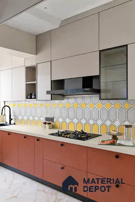 Modern kitchen with beige and terracotta laminate, geometric yellow and grey backsplash tile, and white marble floor