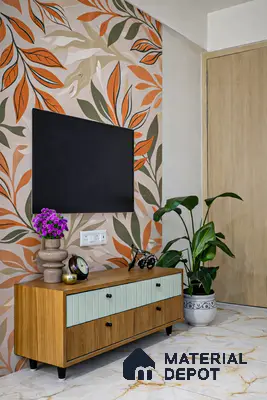 Eclectic living room TV unit with floral wallpaper, wood laminate, and marble-look floor tile