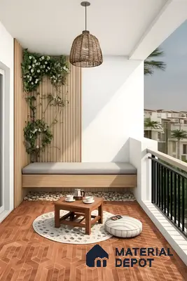 Scandinavian balcony with wooden fluted wall panels and geometric wood-look floor tiles in Ashoka Windows and Annexe Kaggadasapura 3 BHK apartment Bengaluru