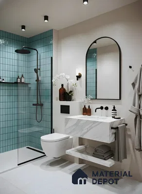 Modern bathroom with turquoise subway wall tiles and marble-look floating vanity in Ashoka Windows and Annexe Kaggadasapura 3 BHK apartment Bengaluru
